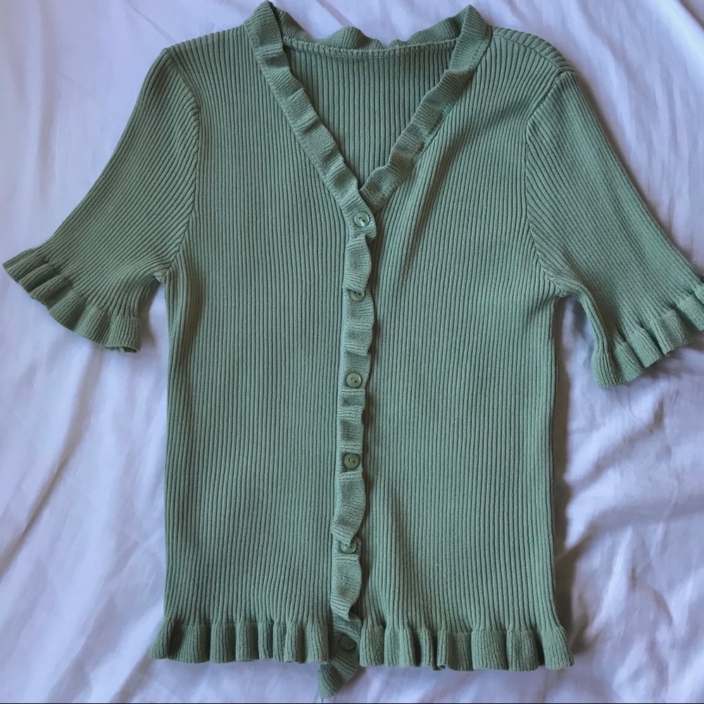 Pistachio Green Short Sleeve Frill Knit Top